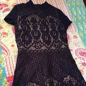 Blue lace dress with nude underlay